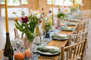 Table decor inside wedding barn